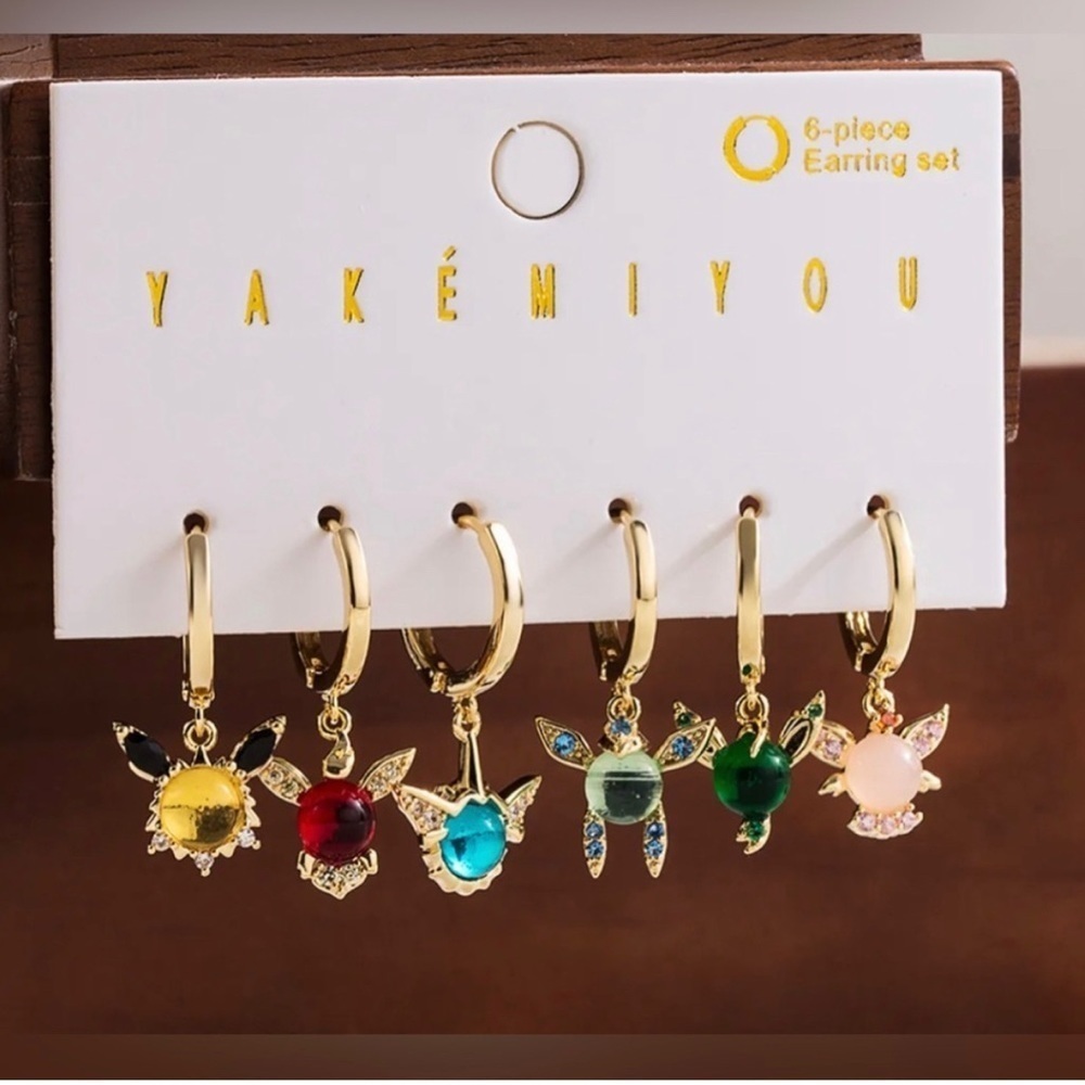 (Price Firm) 14K Gold Plated Pokemon Eevee Eeveelution Theme Hoop Dangle Earring